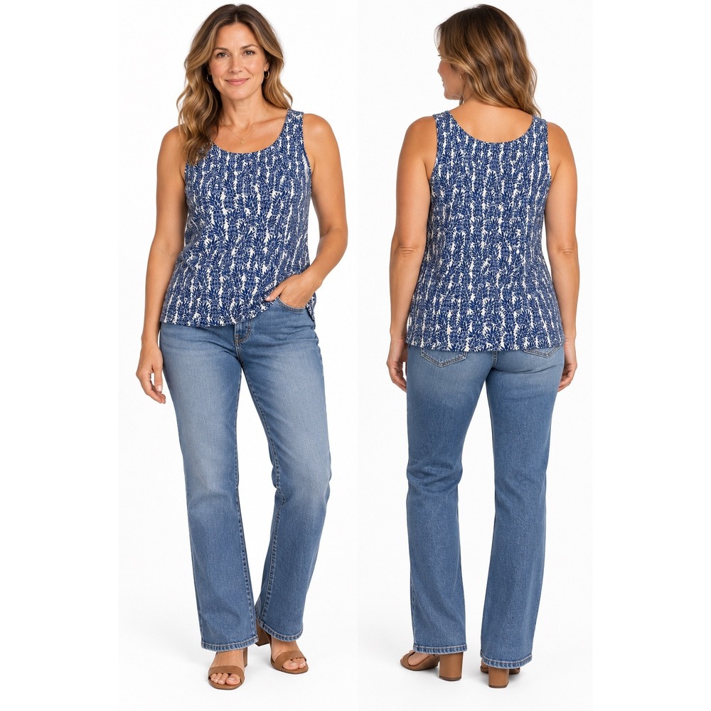 Chico's Travelers Tank Top 2 Large Blue Pineapple Tropical Scoop Neck Shell